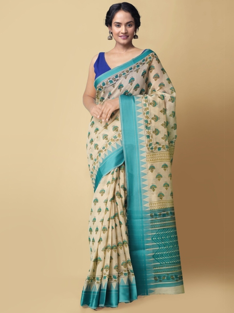 

Unnati Silks Beige & Turquoise Blue Block Printed Silk Cotton Chanderi Saree
