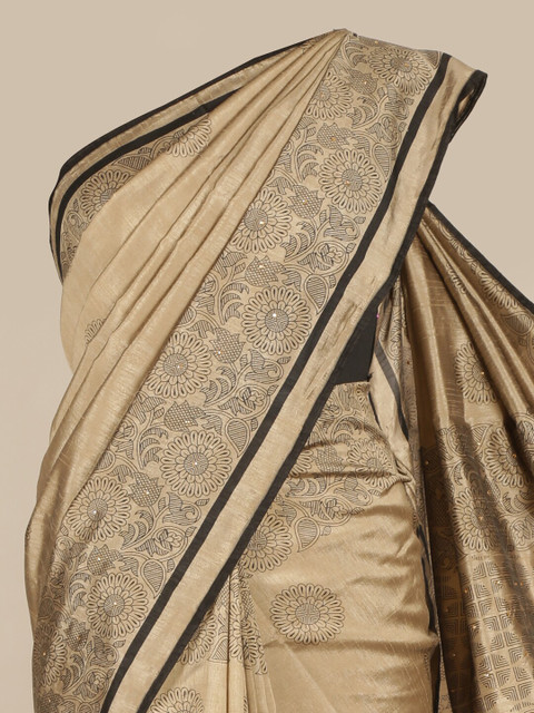 

Pothys Tan & Black Floral Printed Cotton Blend Saree