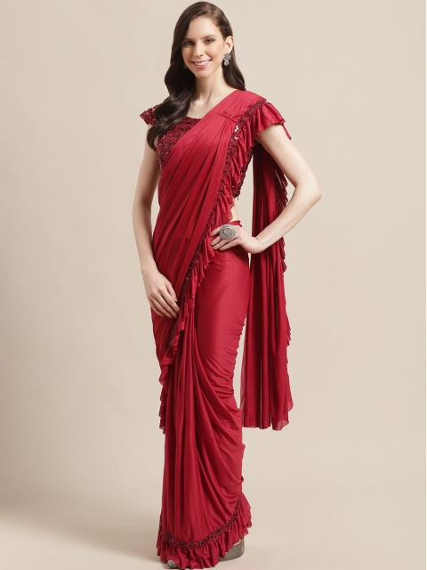 

Chhabra 555 Women Maroon Solid Ruffled Saree