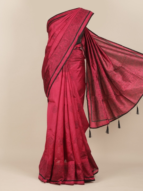 

Pothys Magenta & Black Floral Cotton Blend Saree With Tasseled Pallu