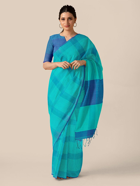 

Taneira Sea Green & Blue Checked Pure Cotton Saree