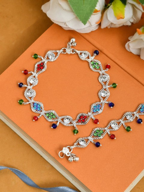 

Silvermerc Designs Set Of 2 Silver-Plated Red & Green Stone-Studded & Beaded Handcrafted Layered Anklets