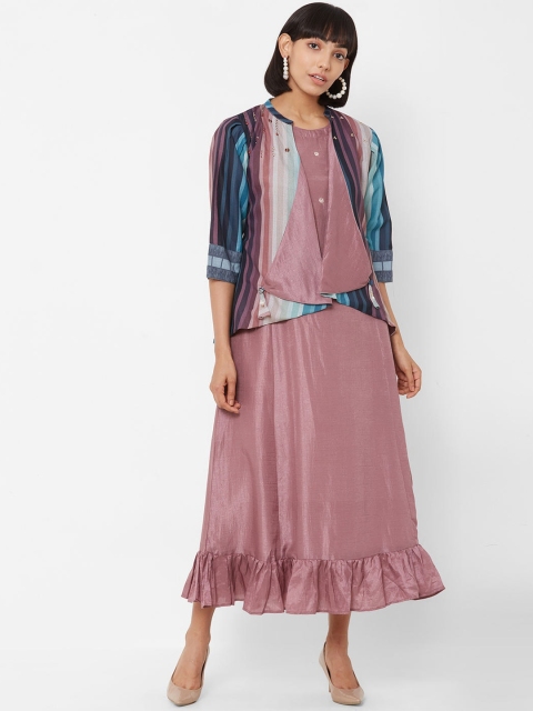 

ZOLA Women Two Layered Mauve Dress With Striped Jacket