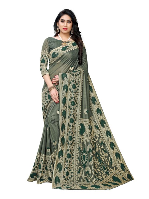 

KALINI Green & Gold-Toned Ethnic Motifs Zari Silk Blend Saree