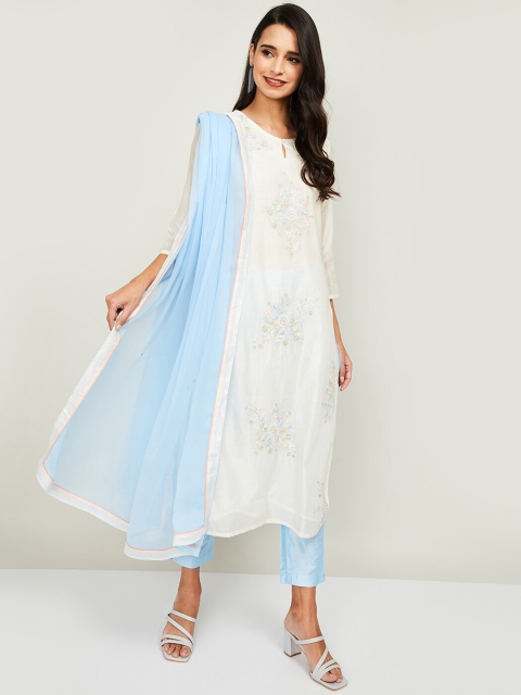 

Melange by Lifestyle Women Off White Embroidered Chanderi Cotton Kurta set