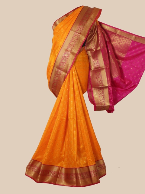 

Pothys Orange & Pink Ethnic Motifs Zari Satin Banarasi Saree