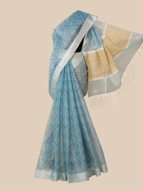 

Pothys Blue & Silver-Toned Ethnic Motifs Tissue Saree