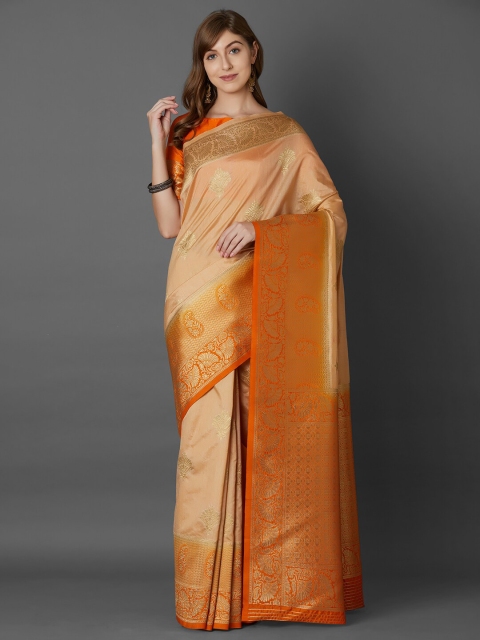 

Mitera Beige & Orange Ethnic Motifs Zari Silk Blend Banarasi Saree