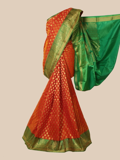 

Pothys Orange & Gold-Toned Ethnic Motifs Zari Satin Banarasi Saree