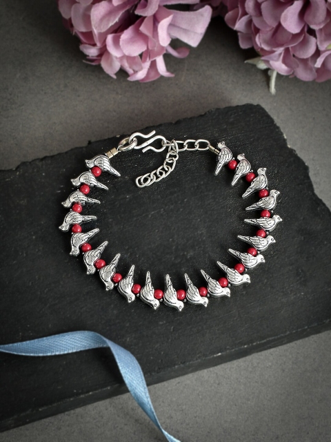 

Silvermerc Designs Silver-Plated & Red Beaded Handcrafted Boho Bird Anklet