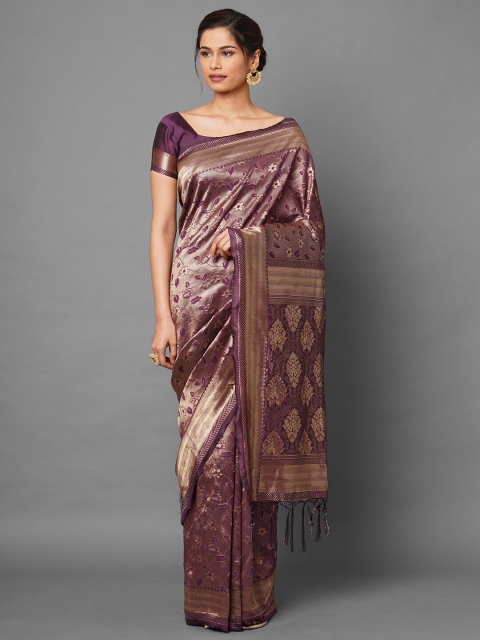 

Mitera Burgundy & Gold-Toned Floral Zari Silk Blend Banarasi Saree