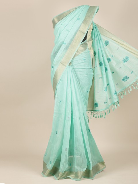 

Pothys Sea Green & Gold-Toned Ethnic Motifs Embroidered Pure Cotton Saree