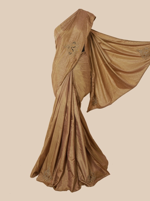 

Pothys Mustard Brown & Black Embellished Embroidered Art Silk Saree