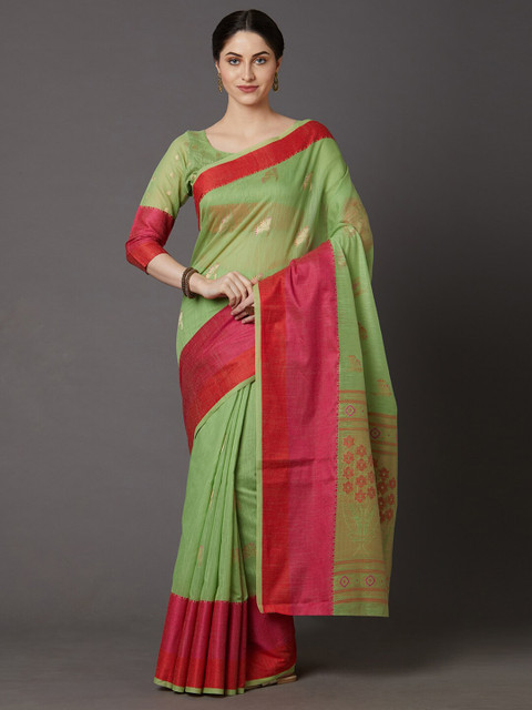 

Mitera Green & Red Floral Zari Silk Cotton Dharmavaram Saree