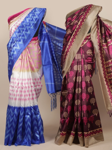 

Pothys Pack of 2 Blue & Purple Printed Jute Silk Saree