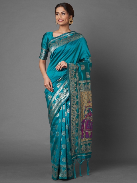

Mitera Blue & Gold-Toned Warli Zari Silk Blend Banarasi Saree