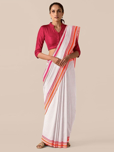 

Taneira White Striped Pure Cotton Taant Saree