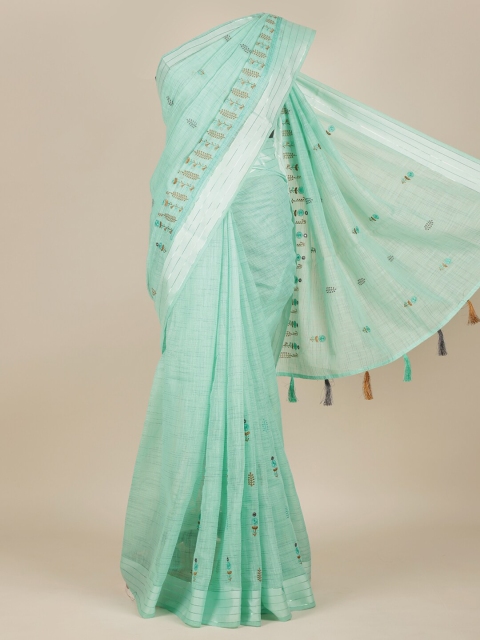 

Pothys Sea Green & Brown Printed Embroidered Pure Cotton Saree