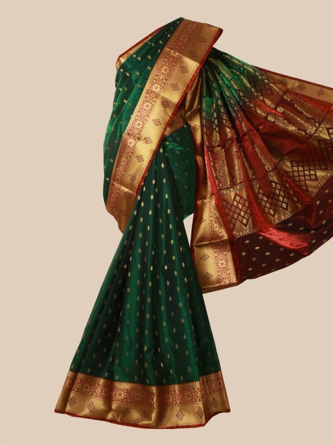 

Pothys Green & Maroon Ethnic Motifs Woven Design Satin Banarasi Saree