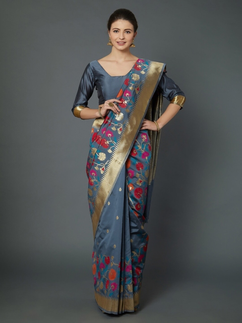 

Mitera Grey & Red Floral Zari Silk Blend Saree