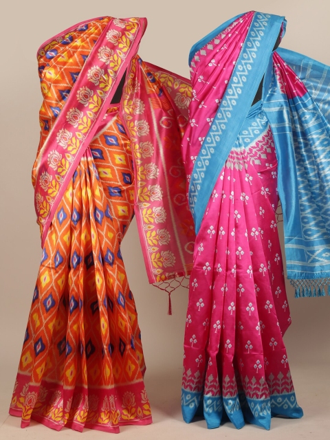 

Pothys Pack Of 2 - Orange & Pink Printed Jute Silk Saree