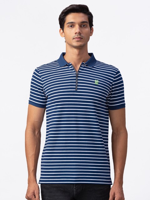 

SPYKAR Men Blue & White Striped Polo Collar Slim Fit T-shirt