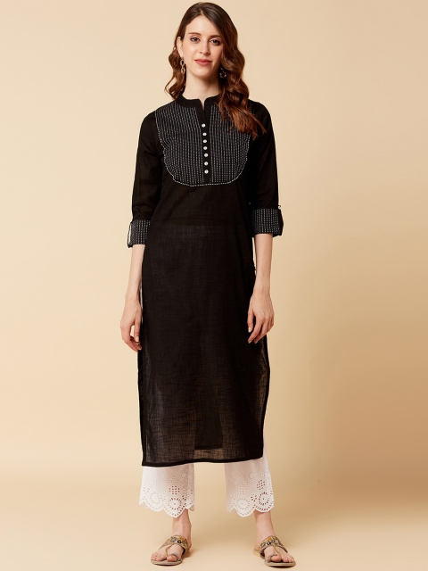 

KSUT Women Black Yoke Design Roll-up Sleeves Straight Kurta