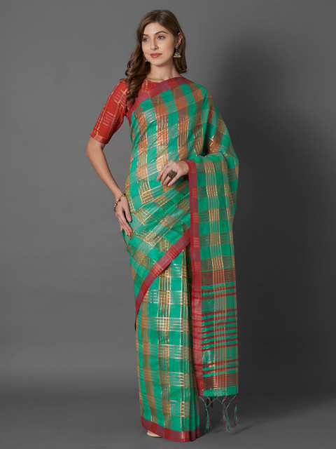 

Mitera Sea Green & Red Checked Linen Blend Saree