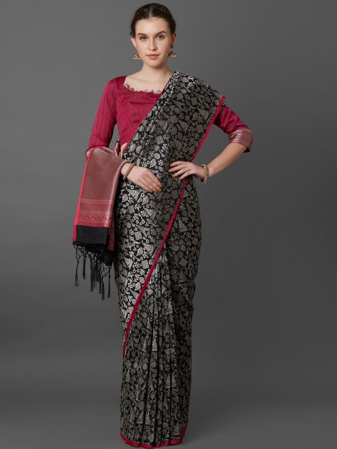 

Mitera Black & Silver-Toned Woven Design Zari Silk Blend Saree