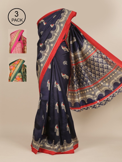 

Pothys Pack Of 3 Floral Jute Silk Sarees, Navy blue
