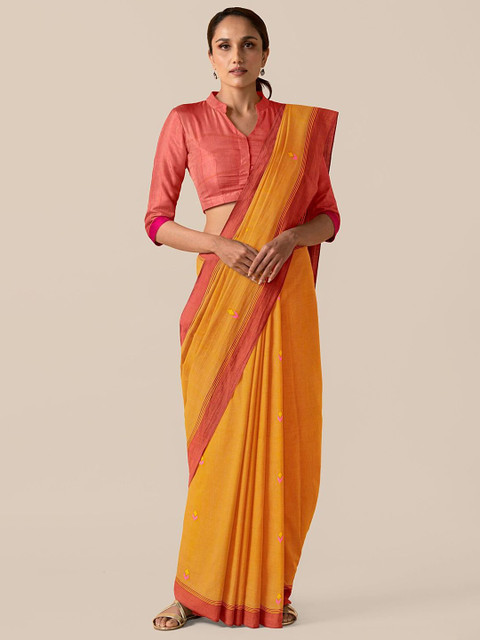 

Taneira Mustard Yellow & Brown Pure Cotton Taant Saree