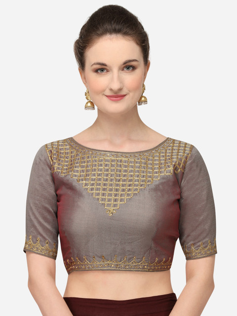 

Fab Dadu Women Grey & Gold-Colored Embroidered Silk Saree Blouse