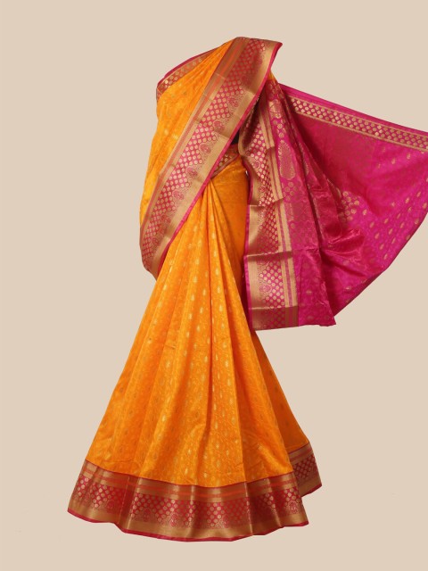 

Pothys Yellow & Gold-Toned Ethnic Motifs Satin Banarasi Saree