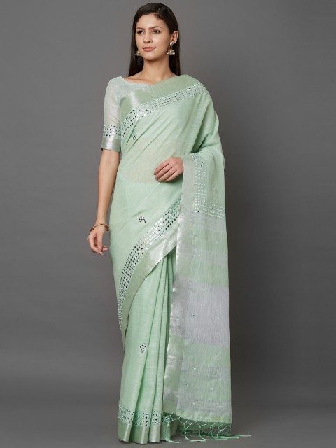

Mitera Green & Silver-Toned Embellished Linen Blend Saree