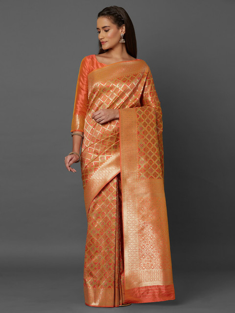 

Mitera Orange & Gold-Toned Checked Zari Silk Blend Banarasi Saree