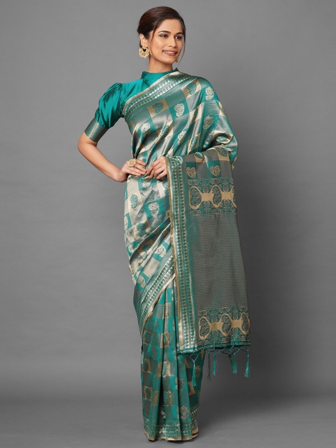 

Mitera Teal & Gold-Toned Ethnic Motifs Zari Silk Blend Banarasi Saree