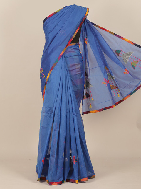 

Pothys Blue & Orange Embroidered Printed Border Saree