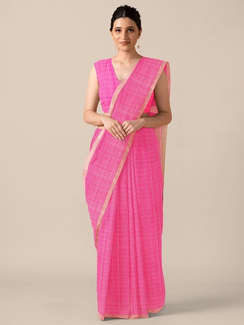 

Taneira Pink & White Checked Pure Cotton Taant Saree