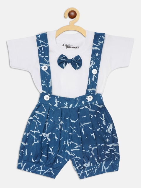 

Lil Tomatoes Infant Kids White & Navy Blue Printed Dungaree & T-Shirt With Free Gift