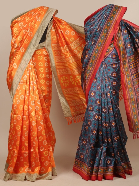 

Pothys Pack of 2 Orange & Blue Printed Jute Silk Saree