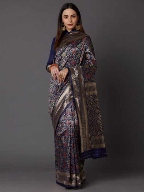 

Mitera Navy Blue & Gold-Toned Ethnic Motifs Zari Silk Blend Saree