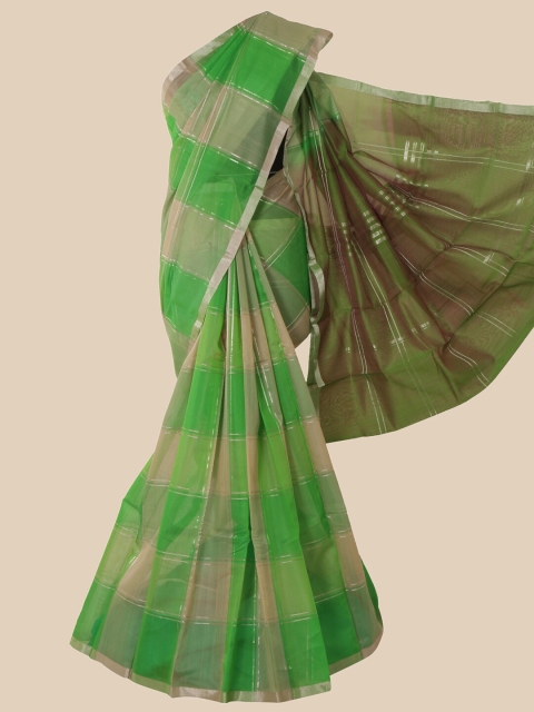 

Pothys Green & Gold-Toned Checked Pure Silk Kanjeevaram Saree