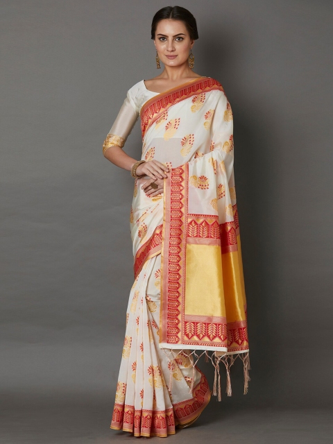 

Mitera Cream & Red Woven Design Zari Silk Blend Saree