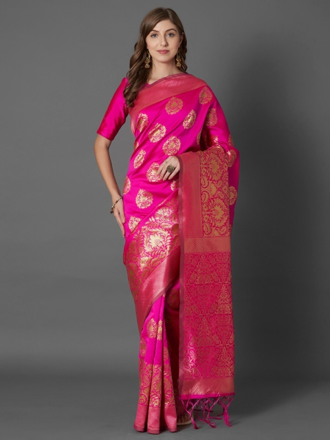 

Mitera Pink & Gold-Toned Ethnic Motifs Zari Silk Blend Dharmavaram Saree
