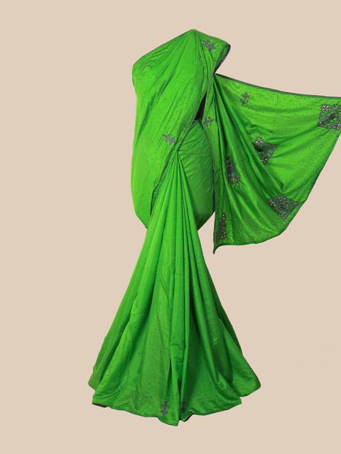 

Pothys Green & Orange Ethnic Motifs Beads and Stones Art Silk Saree