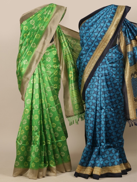 

Pothys Pack of 2 Green & Blue Printed Jute Silk Saree