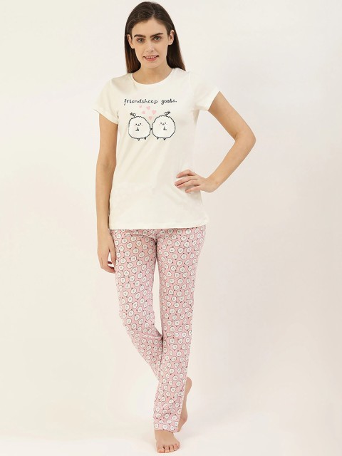 

Sweet Dreams Women Off White & Pink Printed Night suit
