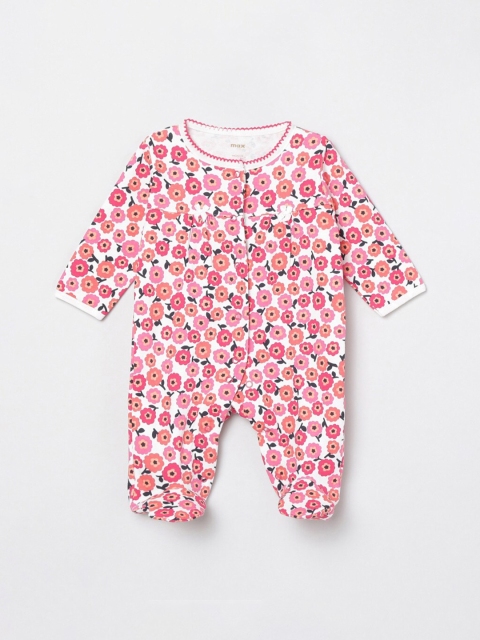 

max Infant Girls White & Pink Floral Printed Cotton Sleepsuit