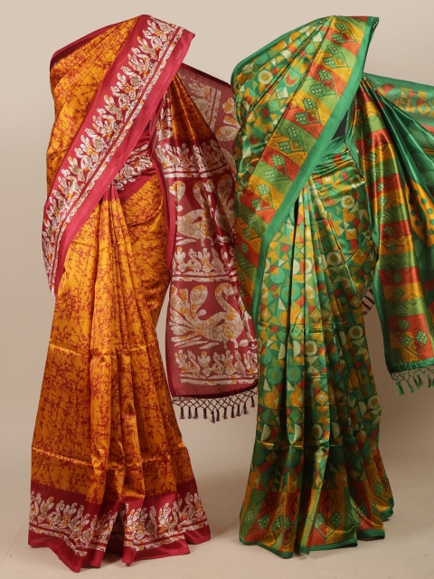 

Pothys Pack of 2 Mustard & Green Printed Jute Silk Sarees