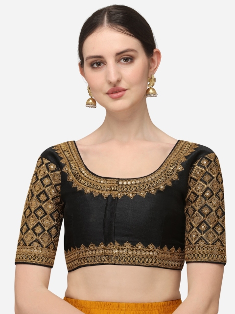 

Fab Dadu Women Black & Gold-Coloured Embroidered Silk Saree Blouse